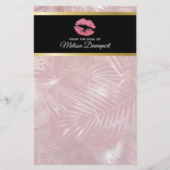 Pink Glitter Lips & Rose Gold Tropical Leaves Stationery (Front)