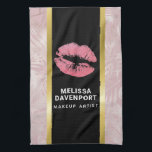 Pink Glitter Lips & Rose Gold Tropical Leaves Tea Towel<br><div class="desc">A towel with a background composed with a modern trendy rose gold tropical leaves pattern. Layered over top is a black frame with a gold gradient border,  inside are pink glittery lips. Personalise with your name and title. Perfect for beauty themed businesses.</div>