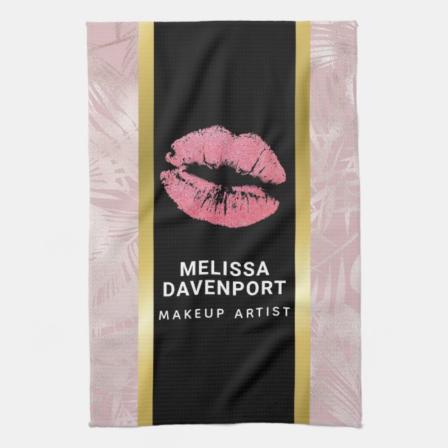Pink Glitter Lips & Rose Gold Tropical Leaves Tea Towel (Vertical)