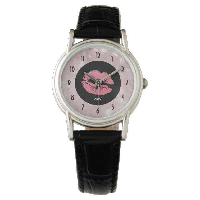 Pink Glitter Lips & Rose Gold Tropical Leaves Watch (Front)