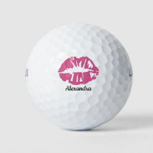 Pink Glitter Lipstick Girly Kiss Customised Name Golf Balls