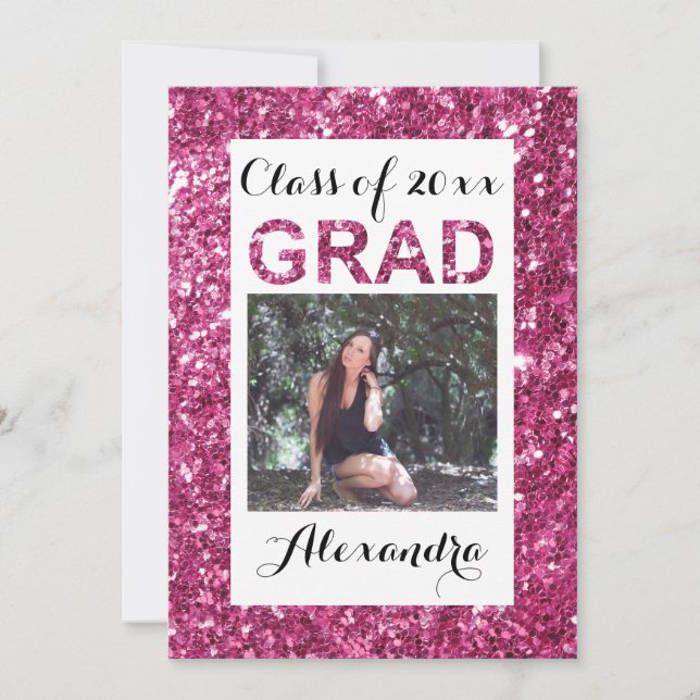 Pink Glitter-Look 1 Photo Graduation Invitation (Front)