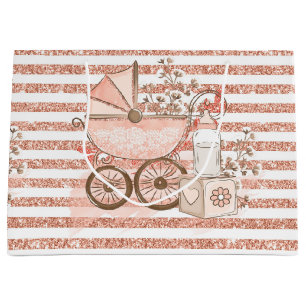 PINK GLITTER LOOK BABY GIRL PRAM & FLOWERS LARGE GIFT BAG