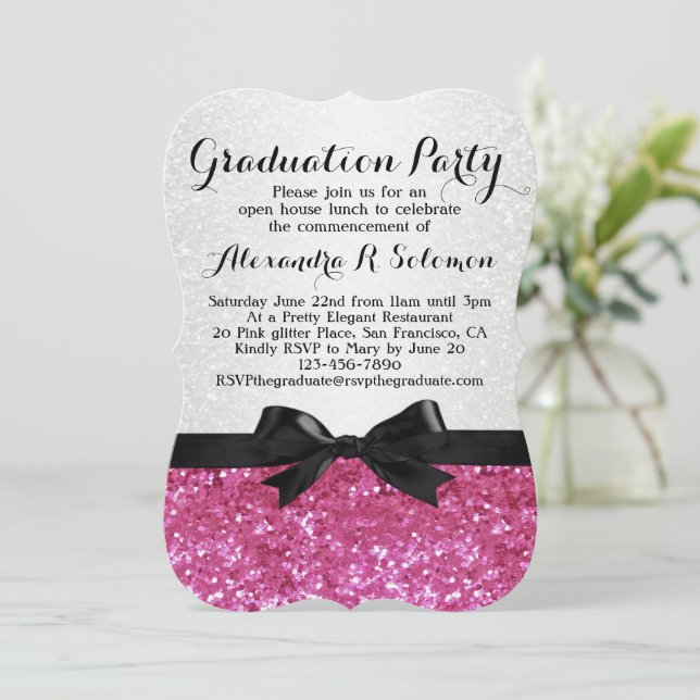 Pink Glitter-look Bow Graduation Party Invitation (Standing Front)