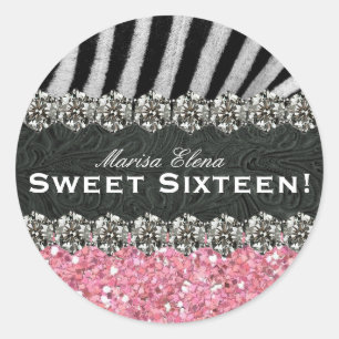 Pink Glitter Look Zebra Celebration Sweet Sixteen Classic Round Sticker