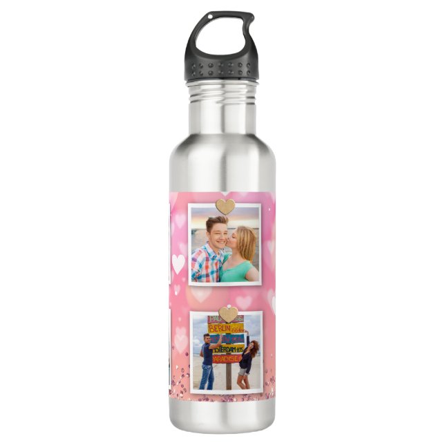 Pink Glitter Love Heart 6 Photo Modern 710 Ml Water Bottle (Front)
