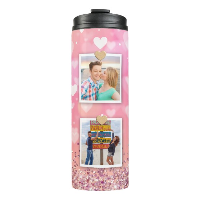 Pink Glitter Love Heart 6 Photo Modern Thermal Tumbler (Front)
