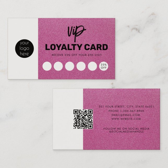 Pink Glitter Loyalty Card Customer Punch Card (Front/Back)
