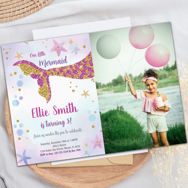 Pink Glitter Mermaid Birthday Invitation (Pink Glitter Mermaid Invitations with photo)