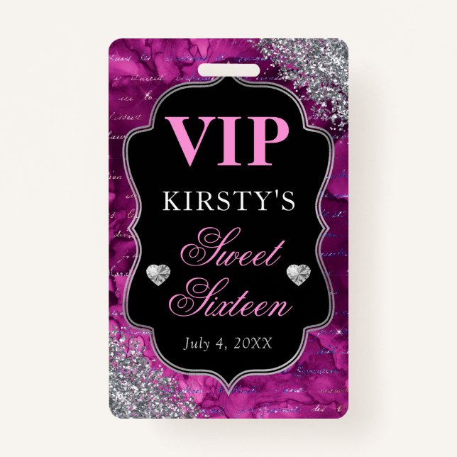 Pink Glitter Mermaid Letters Sweet Sixteen VIP ID Badge (Front)