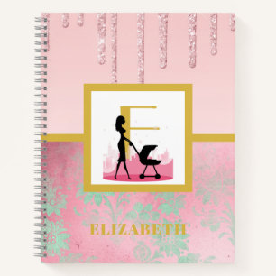 Pink Glitter Mint Green New Baby Mother Monogram Notebook