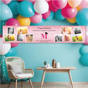 Pink Glitter Monogram 10 Photo Collage Grad Party Banner