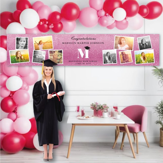 Pink Glitter Monogram 10 Photo Graduation Party Banner (Pink Glitter Name Monogram Stylish 10 Photo Graduation Party Banner @ www.zazzle.com/color_therapy)