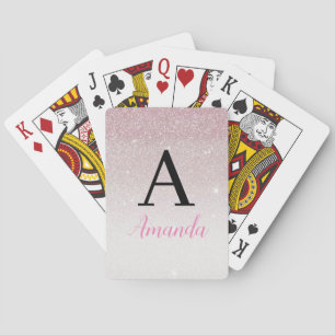 Pink Glitter Monogram Add Your Name + Initial Playing Cards