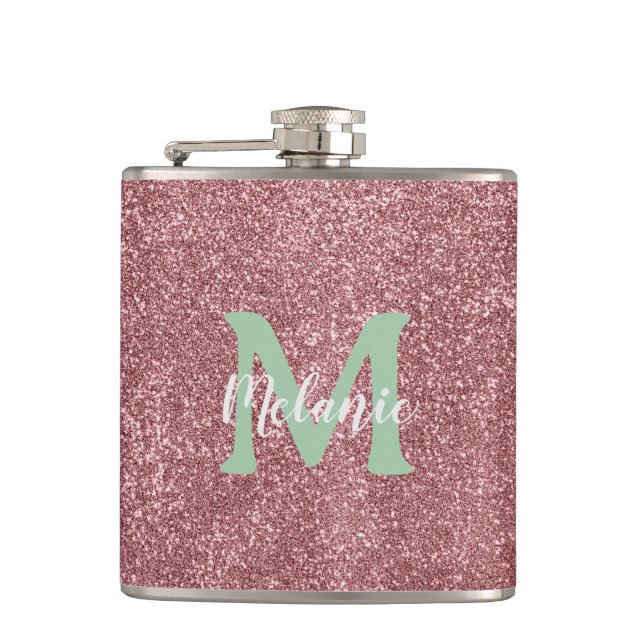 Pink Glitter Monogram Custom Name Metallic Flask (Front)