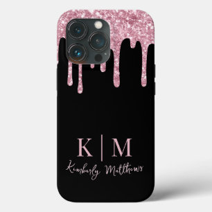 Pink Glitter Monogram Initials on Black iPhone 13 Pro Case