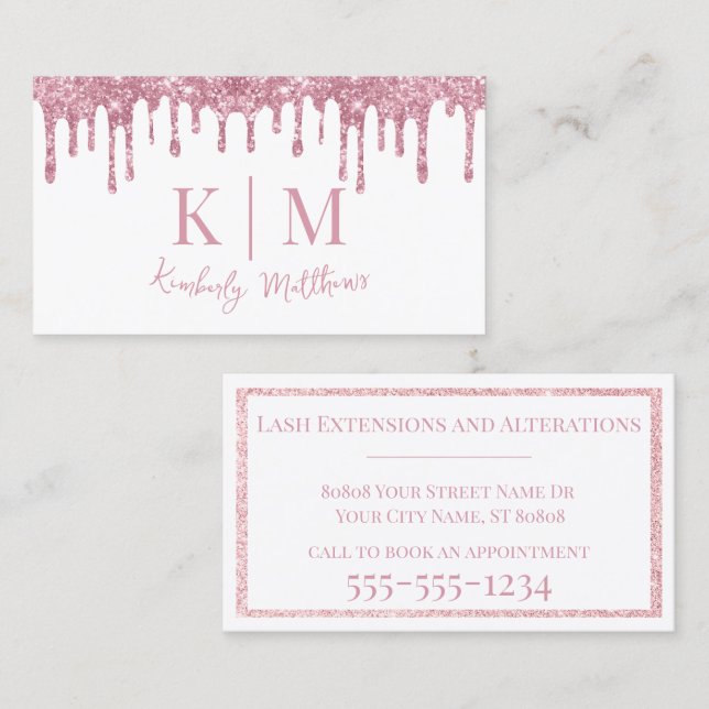 Pink Glitter Monogram Initials on White Business Card (Front/Back)