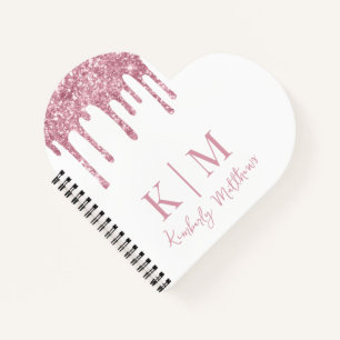Pink Glitter Monogram Initials on White Notebook