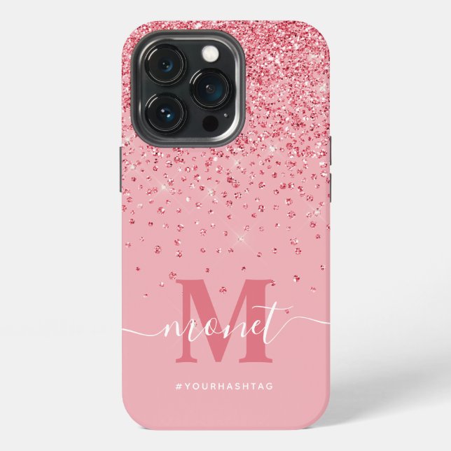 Pink Glitter Monogrammed Stylish Script Name iPhone Case (Back)