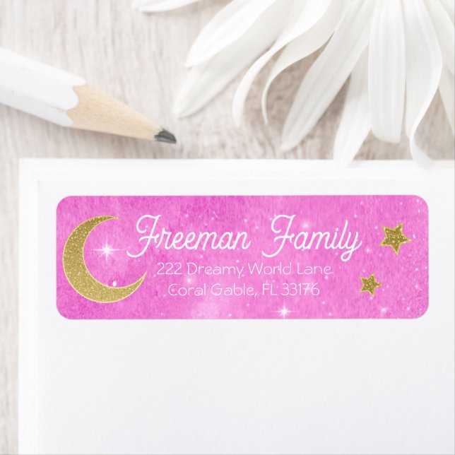 Pink Glitter Moon & Stars Return Address Label  (Insitu)
