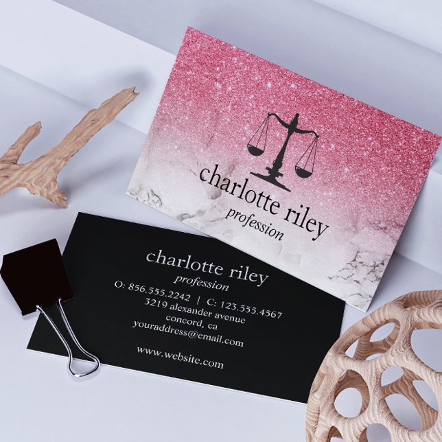 Pink Glitter Ombre Justice Scale Attorney Lawyer Business Card (Creator Uploaded)