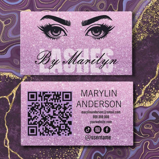 Pink Glitter Ombre Lash Tech QR Code Scannable Business Card (Creator Uploaded)