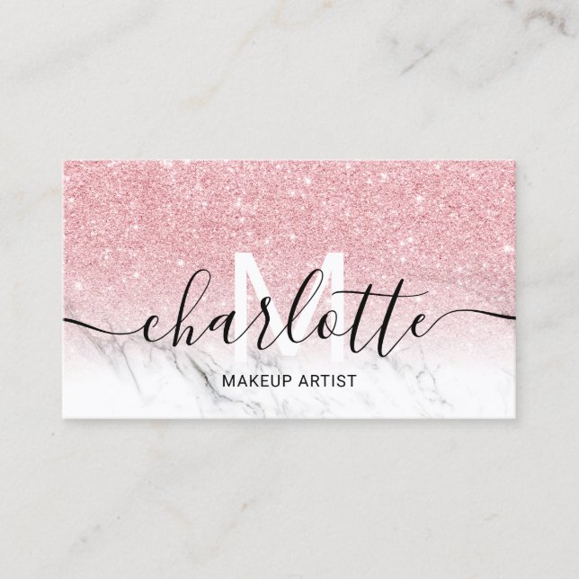Pink glitter ombre marble name makeup logo business card (Front)