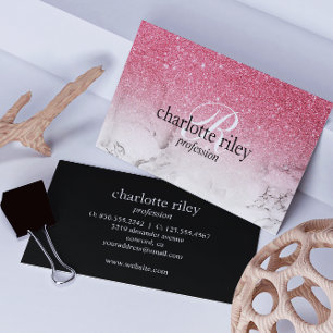Pink Glitter Ombre Monogram Marble Salon Makeup Business Card