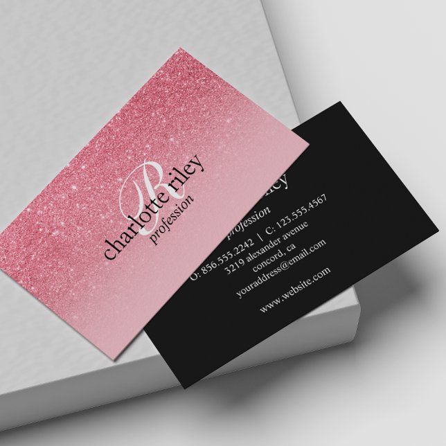 Pink Glitter Ombre Monogram Salon Makeup Nail Business Card (Creator Uploaded)