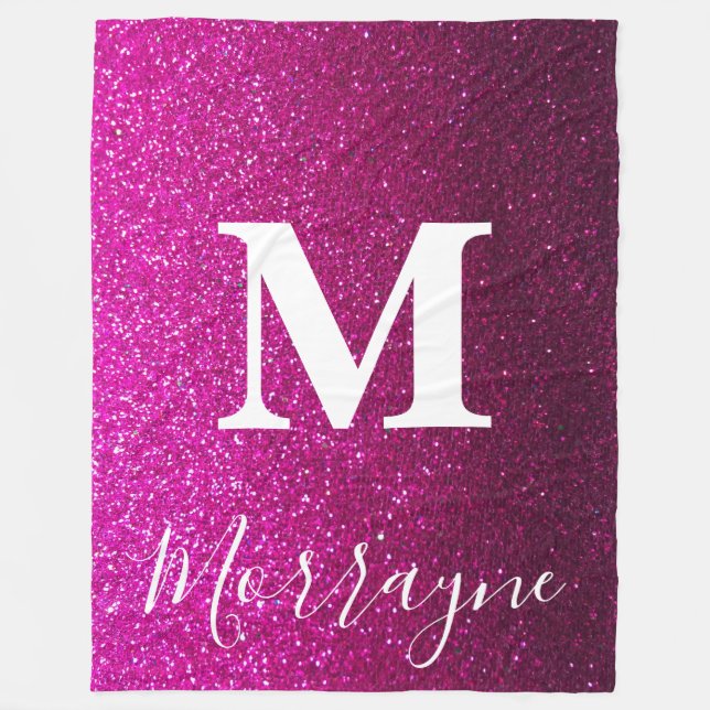 Pink Glitter Ombre Princess Queen Sparkle Monogram Fleece Blanket (Front)