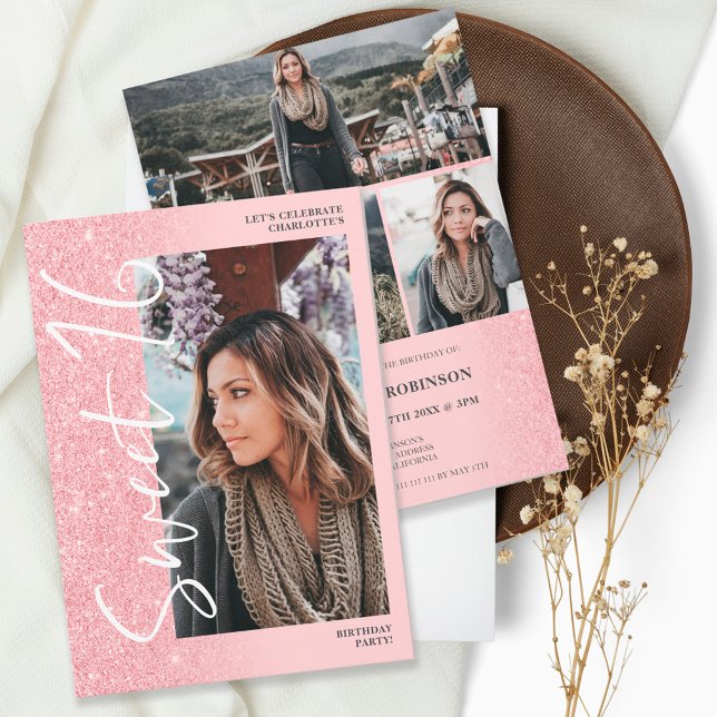 Pink glitter ombre script 4 photos Sweet 16 Invitation (Creator Uploaded)