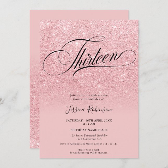 Pink glitter ombre sparkles chic script Thirteen Invitation (Front/Back)