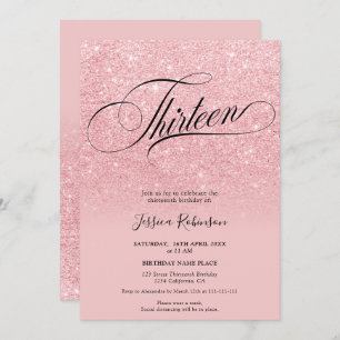 Pink glitter ombre sparkles chic script Thirteen Invitation
