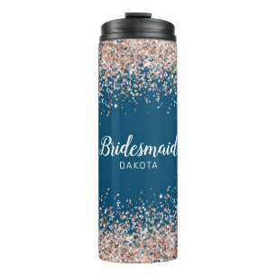 Pink Glitter on Blue Bridesmaid Name Thermal Tumbler