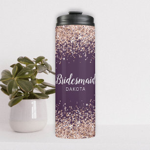 Pink Glitter on Purple Bridesmaid Name Thermal Tumbler