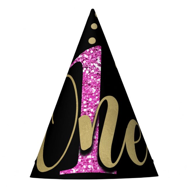 Pink Glitter ONE Black Floral 1st Birthday Party Party Hat (Front)
