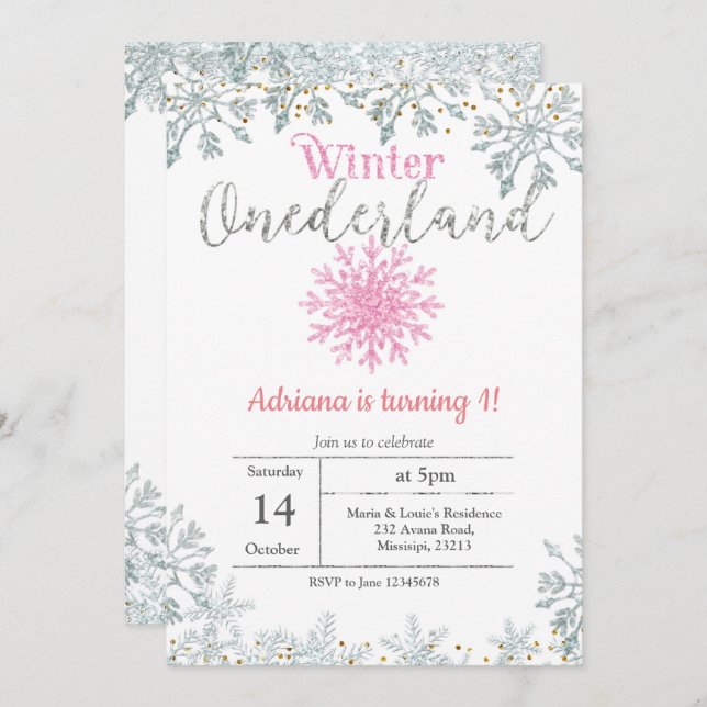 Pink Glitter Onederland Birthday Invitation (Front/Back)