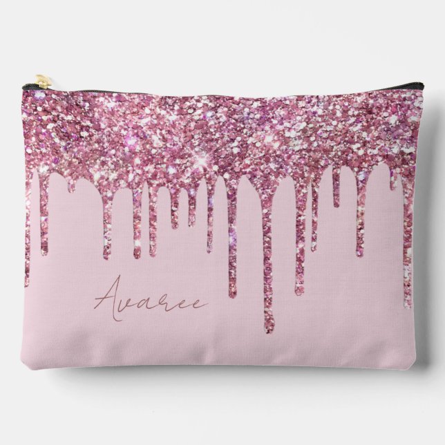 Pink Glitter Paint Drips Personalised Accessory Pouch (Front)