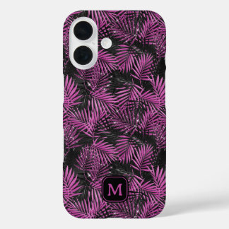 Pink Glitter Palm Tree Black Modern Monogram iPhone 16 Case
