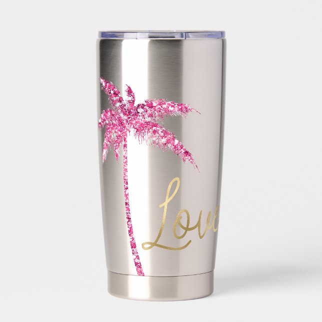Pink Glitter Palm Tree Gold Love Insulated Tumbler (Front)