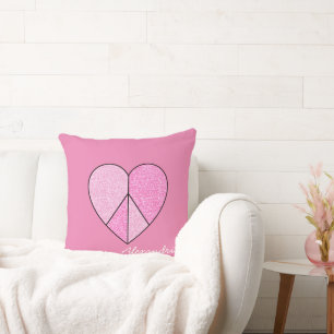 Pink Glitter Peace Sign Heart Throw Pillow