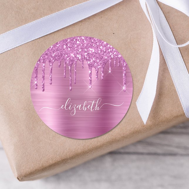 Pink Glitter Personalised Classic Round Sticker (Creator Uploaded)
