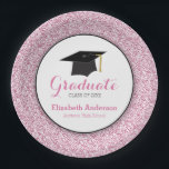 Pink Glitter | Personalised Graduation Paper Plate<br><div class="desc">This graduation paper plate offers a girly design with a pink faux glitter border and accented with a graphic of a graduation hat. Custom text allows you to personalise with the graduate's name,  graduating year and school.</div>