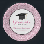Pink Glitter | Personalised Graduation Paper Plate<br><div class="desc">This graduation paper plate offers a girly design with a pink faux glitter border and accented with a graphic of a graduation hat. Custom text allows you to personalise with the graduate's name, graduating year and school.</div>