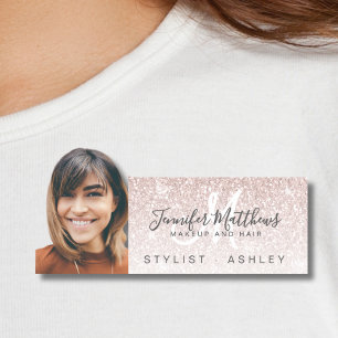 Pink Glitter Photo Business Logo Makeup Hair Salon Name Tag