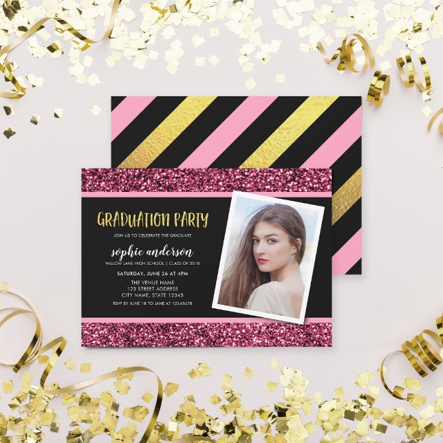 Pink Glitter Photo Graduation Party Invitation (Creator Uploaded)