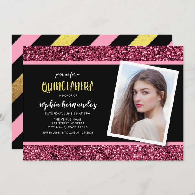 Pink Glitter Photo Quinceanera Invitation (Front/Back)