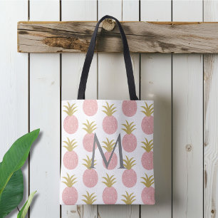 Pink Glitter Pineapple Monogrammed Tote Bag