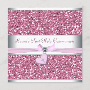 Pink Glitter Pink Cross First Communion Invitation