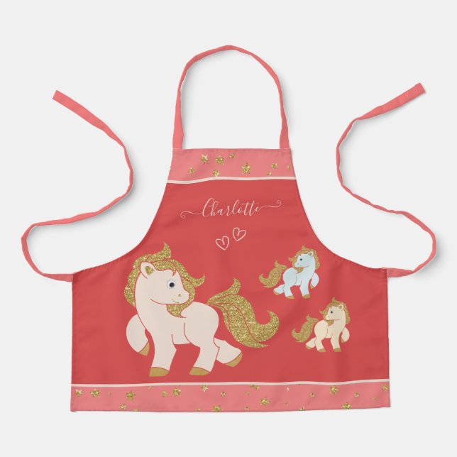 Pink Glitter Ponies with First Name Little Girl Apron (Front)